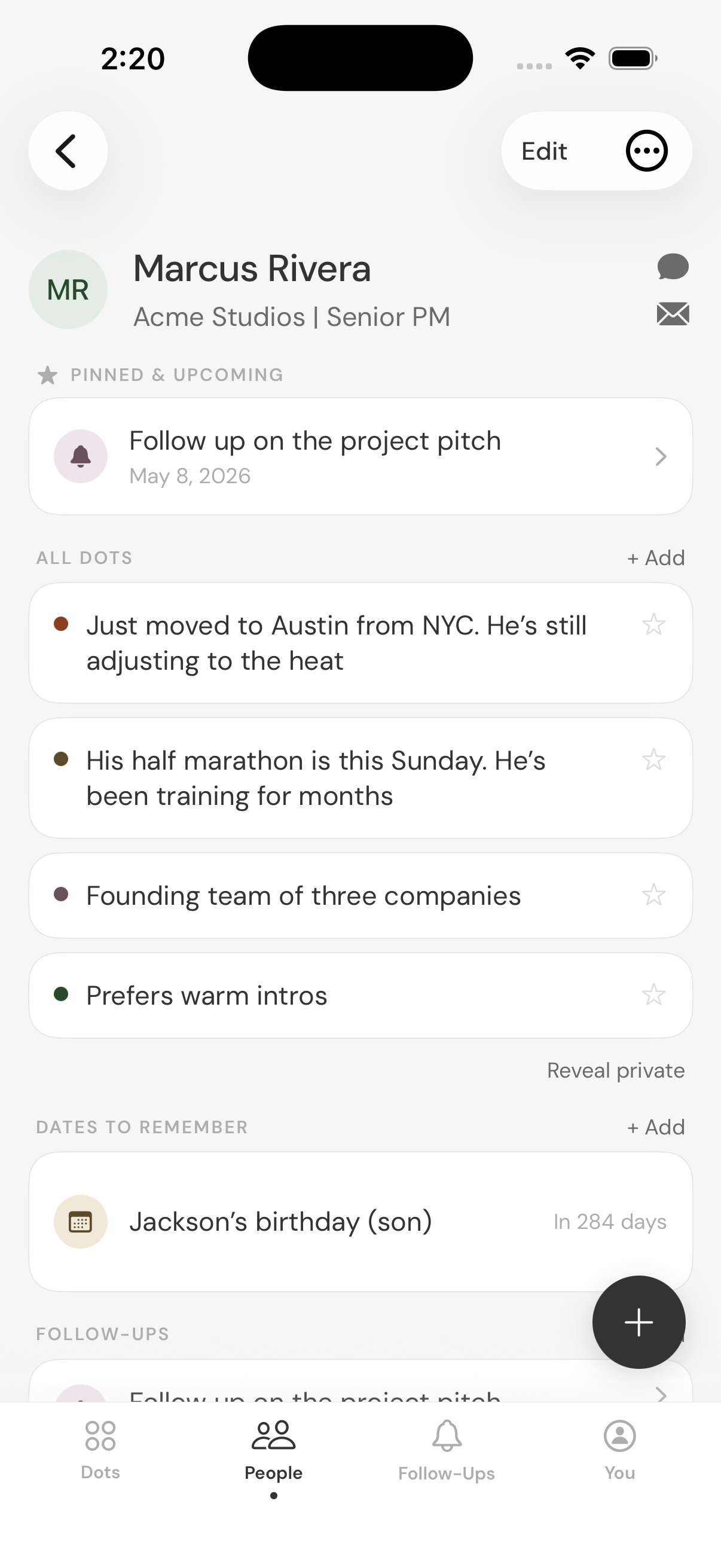Marcus Rivera's profile in Dots — saved dots include his marathon training and upcoming race